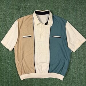 VINTAGE Alan Stuart Polo Shirt Banded Waist Men's XL GRN/WHT Abstract Geometric